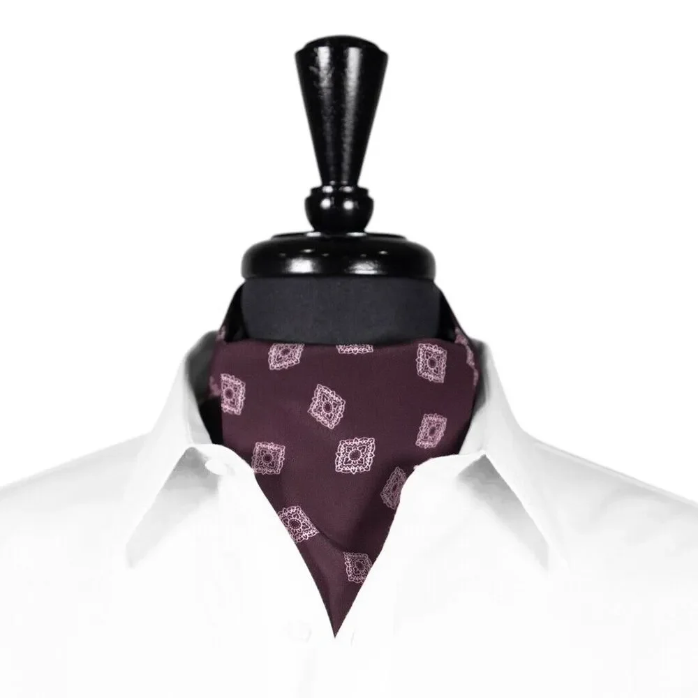 Ascot Cravat Tie Red Brown Geometric Costume Formal Wedding Party Necktie Scarf - Picture 1 of 2